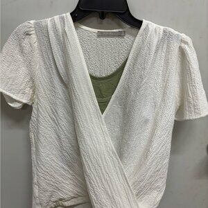 BKE White and Green Flutter Sleeve Wrap Blouse